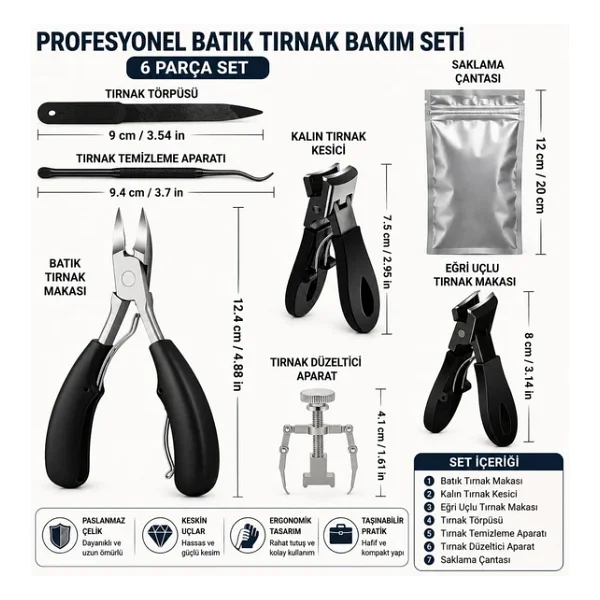 Valkyrie 6 Parça Batık Tırnak Makası Seti Profesyonel Pedikür Manikür Bakım Seti B5pp - Görsel 7