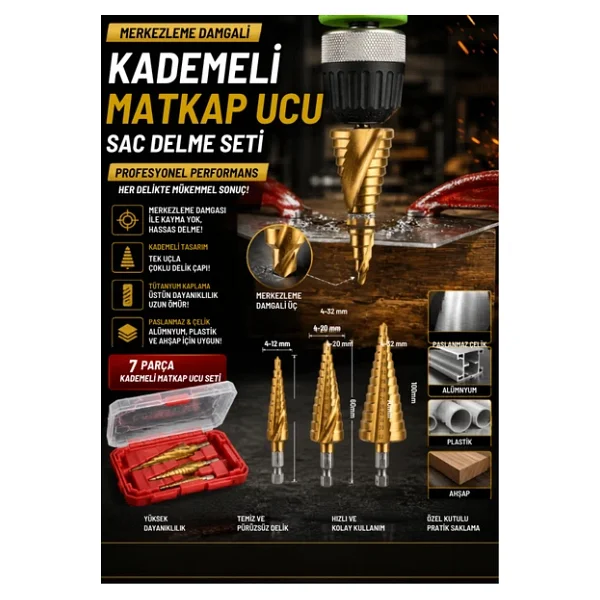 Mucit Home 7 Parça Merkezleme Damgalı Kademeli Matkap Ucu Sac Delme Seti Özel Kutulu - Görsel 2