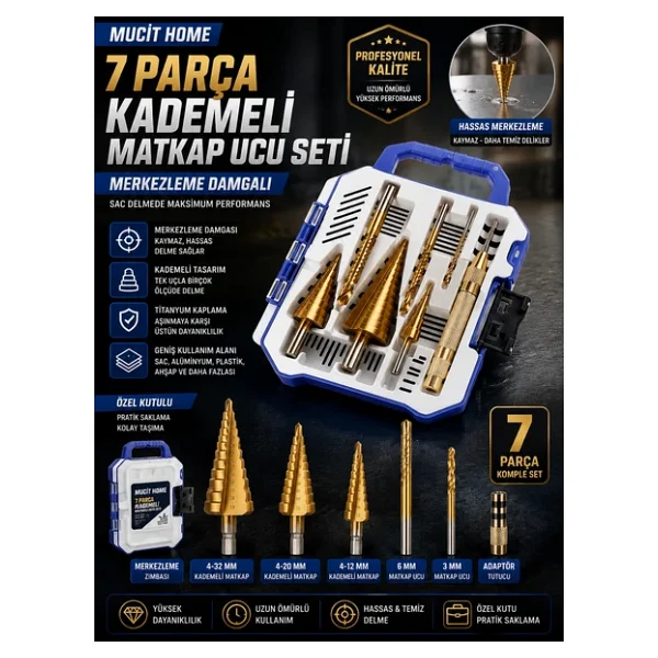 Mucit Home 7 Parça Merkezleme Damgalı Kademeli Matkap Ucu Sac Delme Seti Özel Kutulu - Görsel 3