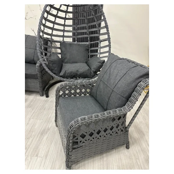 7 Kişilik Rattan Bahçe Balkon Teras Oturma Grubu Antrasit Minderli (3+1+1) 80x140 Cm Masa, 2 Adet Puf Ve Tek Kişilik Rattan Salıncak Seti - Antrasit Gri - Görsel 2