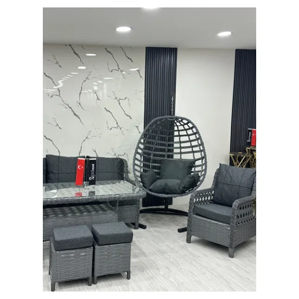 7 Kişilik Rattan Bahçe Balkon Teras Oturma Grubu Antrasit Minderli (3+1+1) 80x140 Cm Masa, 2 Adet Puf Ve Tek Kişilik Rattan Salıncak Seti - Antrasit Gri - Görsel 4