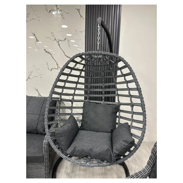 7 Kişilik Rattan Bahçe Balkon Teras Oturma Grubu Antrasit Minderli (3+1+1) 80x140 Cm Masa, 2 Adet Puf Ve Tek Kişilik Rattan Salıncak Seti - Antrasit Gri - Görsel 3