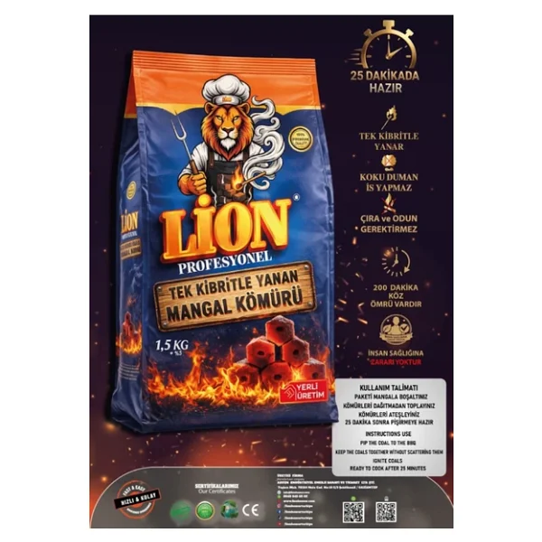 Lion Profesyonel Tek Kibritle Yanan Mangal Kömürü 1,5kg. - Görsel 3
