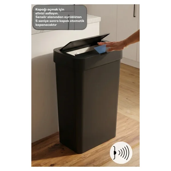 Porsima Me-05-1 Hareket Sensörlü Sessiz Kapatma Çöp Kutusu Banyo Mutfak Çöp Kovası Kapaklı Banyo Çöp Kovası 2 Adet Aa Pil Siyah 50lt - Görsel 8