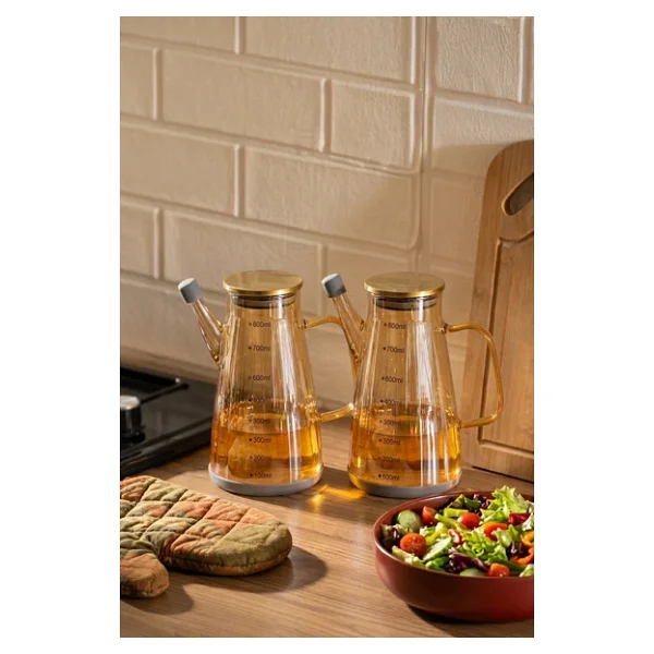 Porsima Yh009-D01 2li Metal Kapaklı Vakumlu Ölçekli Borosilikat Renkli Cam Yağdanlık Takımı - Sızdırmaz Yağlık Sirkelik Seti 800ml+800ml - Görsel 6