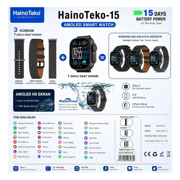 Haino Teko 15 AMOLED Ekran Su Geçirmez 15 Gün Şarj Ve 3 Kordon Seti Dahil Akıllı Saat Siyah - Görsel 5