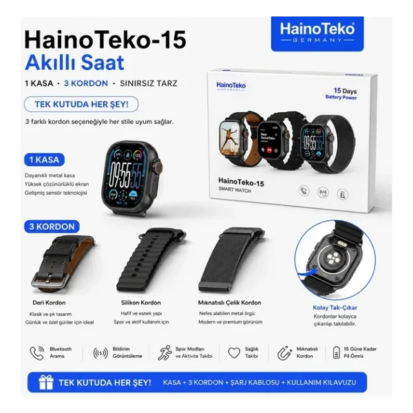 Haino Teko 15 AMOLED Ekran Su Geçirmez 15 Gün Şarj Ve 3 Kordon Seti Dahil Akıllı Saat Siyah - Görsel 4