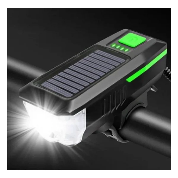 Forte Gt Solar Enerjili USB Şarjlı LED Far Kornalı Ve Su Geçirmez Bisiklet Feneri Yeşil - Görsel 3