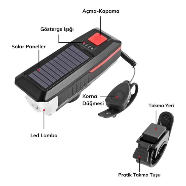 Forte Gt Solar Enerjili USB Şarjlı LED Far Kornalı Ve Su Geçirmez Bisiklet Feneri Yeşil - Görsel 9
