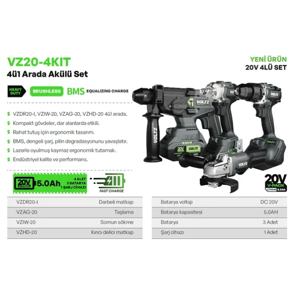 Voltz Vz20-4kit 4ü1 Arada Akülü Matkap Set 20 V 5 Ah 4'lü Akülü Set - Görsel 4