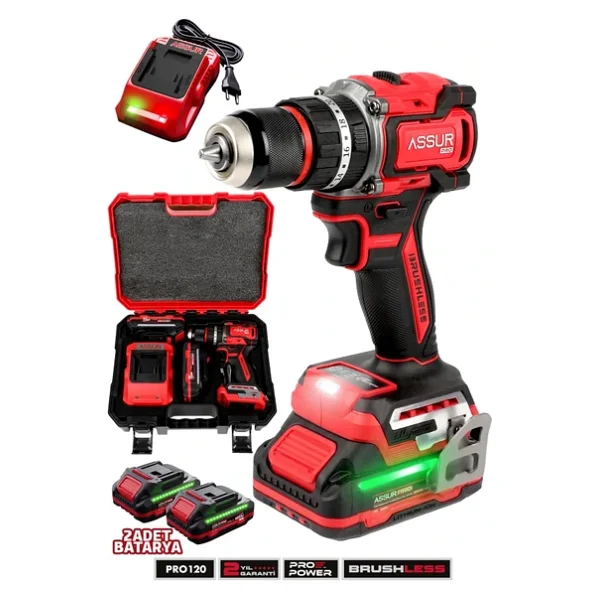 Assur 21v Pro Seri Kömürsüz Çift Akülü Metal Şanzıman LED Işıklı Taşıma Çantalı Şarjlı Darbeli Matkap - Görsel 6