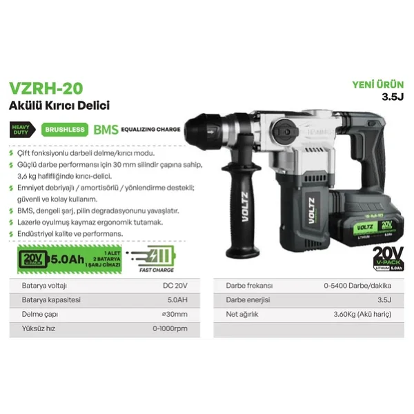 Voltz Vzrh-20 20 V Çift Akülü 5 Ah Kırıcı Delici - Görsel 4