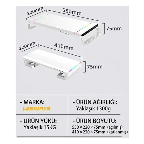 Masaüstü Stand Yükseltici Katlanabilir RGB Çekmeceli Monitör Standı - Görsel 9