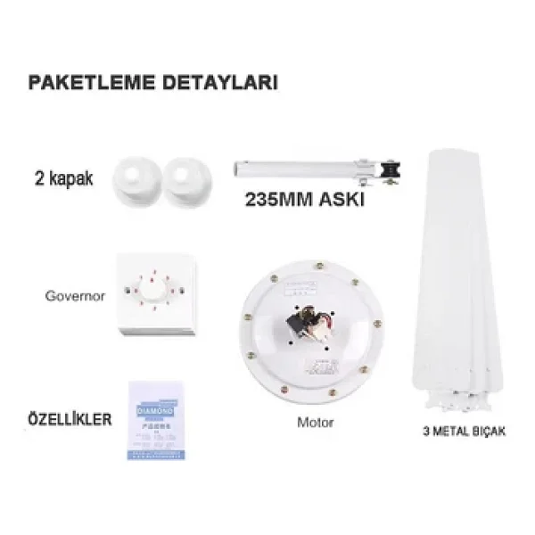 Minofell Tavan Tip Üç Kanatlı Vantilatör 5 Hız Kademesi, 3 Metal Kanat ( Ev,Ofis, Işyeri) (Beyaz) - Görsel 2