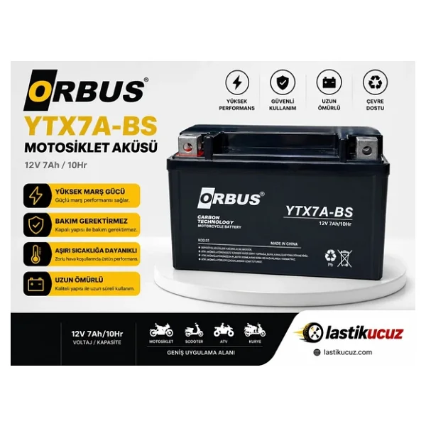 Orbus 12v 7amper Alçak Motosiklet Aküsü (Ebatlar: 150x87x94mm) - Görsel 4