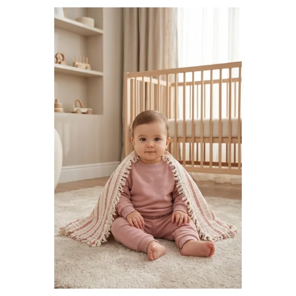 Çift Katlı Müslin Bebek Pike Örtü Yenidoğan Battaniyesi 85x95 Cm Bebek Pikesi Puset Örtüsü Kiremit - Görsel 3