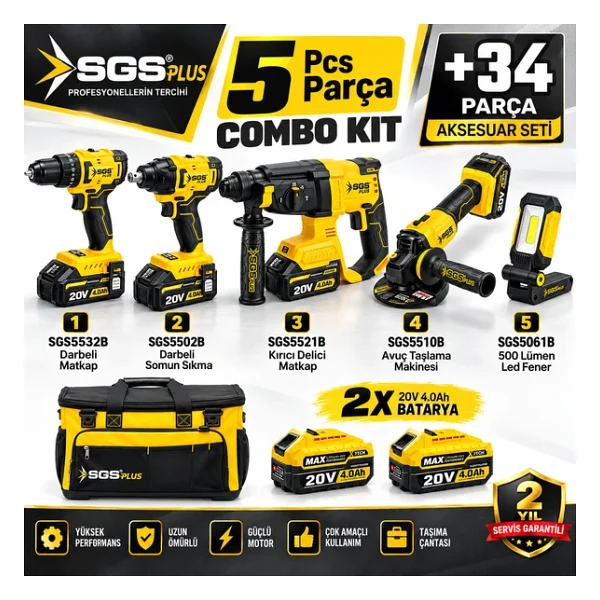 Sgs Combo Set 5 Parça (Darbeli Matkap/kırıcı-Delici Matkap/avuç Taslama Makinesi/darbeli Somun Sıkma/led Fener) - Görsel 2
