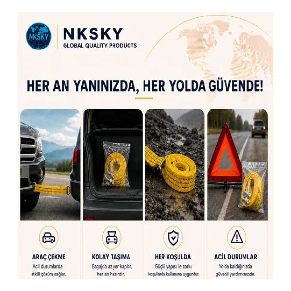 Nksky 3 Ton Araç Çekme Halatı 3 Metre 5 Cm Genişlik Güçlendirilmiş Uçlu Oto Çeki Halatı (Sarı) - Görsel 5