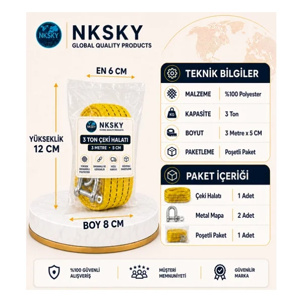Nksky 3 Ton Araç Çekme Halatı 3 Metre 5 Cm Genişlik Güçlendirilmiş Uçlu Oto Çeki Halatı (Sarı) - Görsel 4