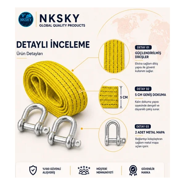 Nksky 3 Ton Araç Çekme Halatı 3 Metre 5 Cm Genişlik Güçlendirilmiş Uçlu Oto Çeki Halatı (Sarı) - Görsel 3