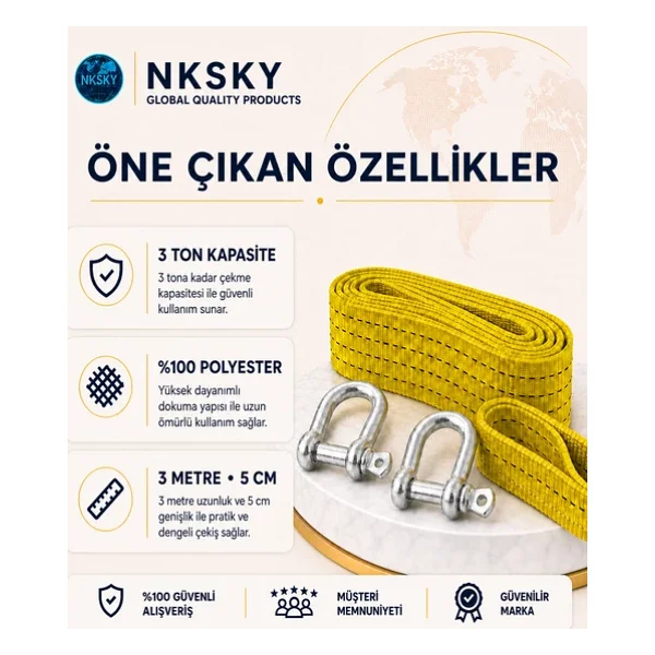 Nksky 3 Ton Araç Çekme Halatı 3 Metre 5 Cm Genişlik Güçlendirilmiş Uçlu Oto Çeki Halatı (Sarı) - Görsel 2
