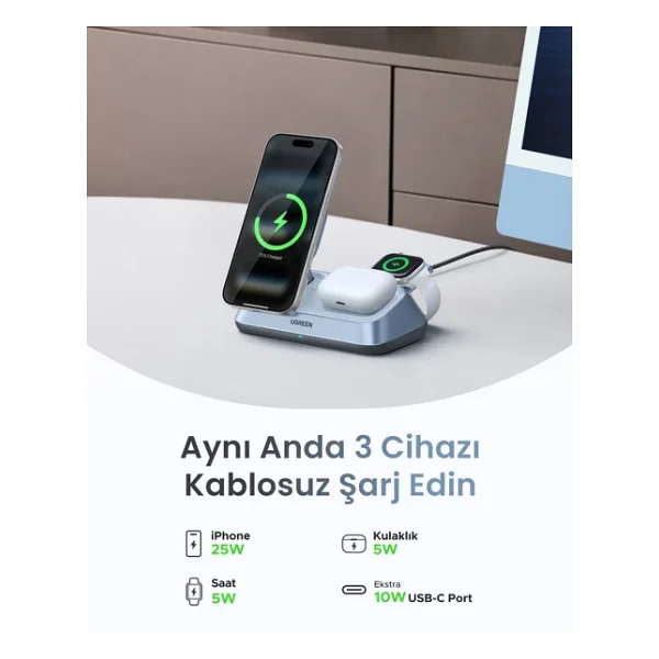 Ugreen Magflow 55677 3in1 Magsafe Kablosuz Hızlı Şarj Aleti - Görsel 6
