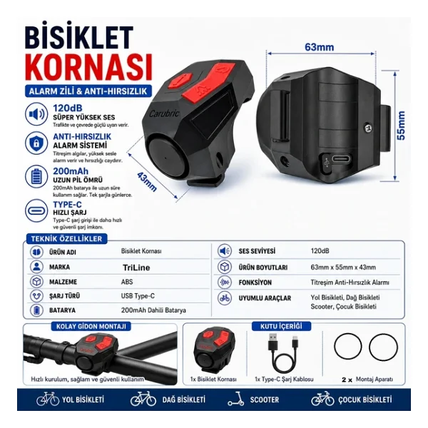 Triline 120 Db USB Şarjlı Bisiklet Kornası Alarm Zili Anti Hırsızlık Elektrikli Korna Scooter - Görsel 6