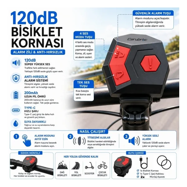 Triline 120 Db USB Şarjlı Bisiklet Kornası Alarm Zili Anti Hırsızlık Elektrikli Korna Scooter - Görsel 4