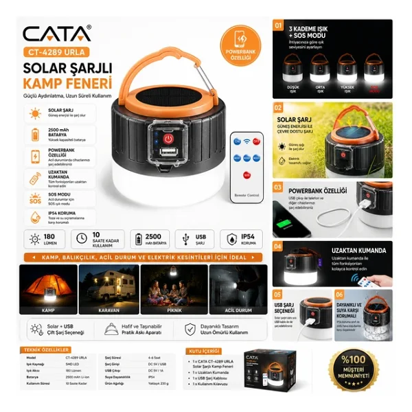 Cata Urla Ct-4289 Güneş Enerjili Kamp Lambası - Görsel 5