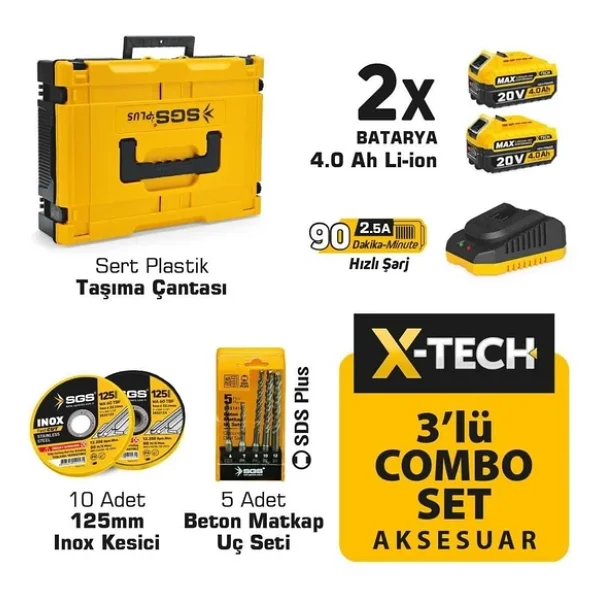 Sgs X-Tech Combo Set Çift Akülü Darbeli Matkap, Şarjlı Vidalama Kırıcı Delici , Şarjlı Avuç Taşlama ,15 Parça Aksesuar - Görsel 7