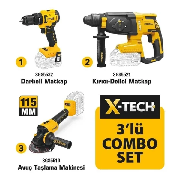 Sgs X-Tech Combo Set Çift Akülü Darbeli Matkap, Şarjlı Vidalama Kırıcı Delici , Şarjlı Avuç Taşlama ,15 Parça Aksesuar - Görsel 6