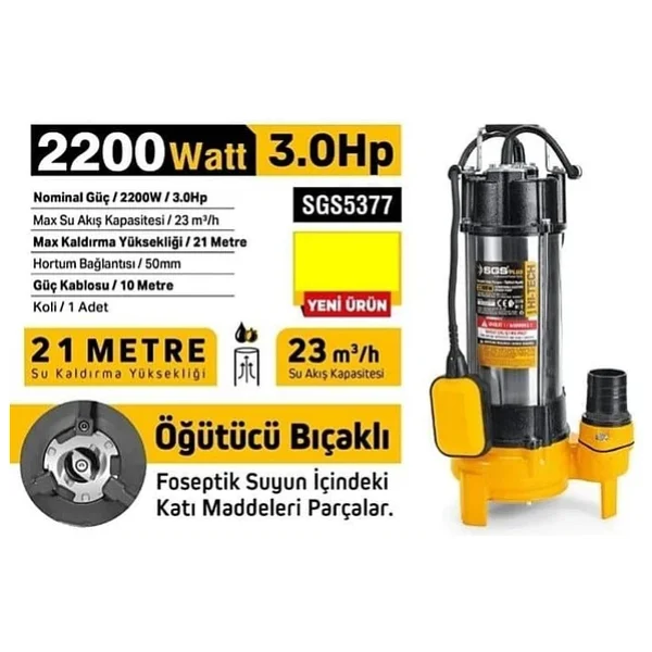 Sgs Sgs5377 İnox Foseptik Dalgıç Pompa Kirli Su 2200w / 3.0 Hp - Öğütücü Bıçaklı - Görsel 7