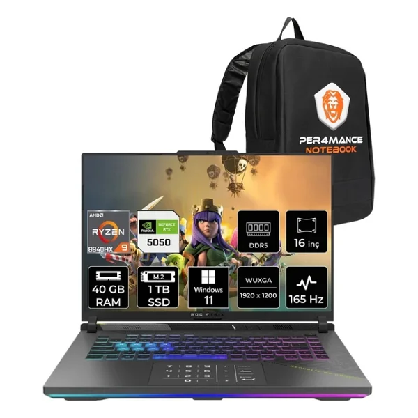 Asus Rog Strix G16 Ryzen 9 8940hx RTX 5050 8gb Gaming Laptop 40gb RAM 1tb SSD 16" FHD+ 165hz Win11 Pro + Per4 Çanta G614phrv056p403 - 1 TB - 40 GB - Görsel 4