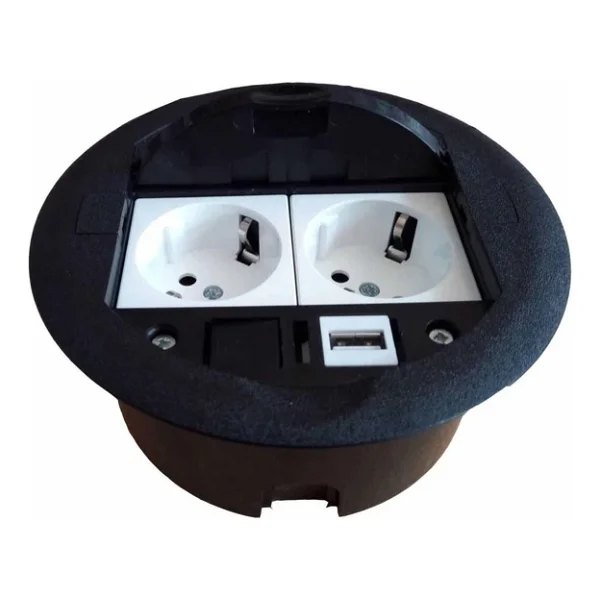 Masa Üstü Priz Kutusu Gömme Tip Siyah + 2 Ad. Priz + 1 Ad. USB Geçiş - Görsel 2