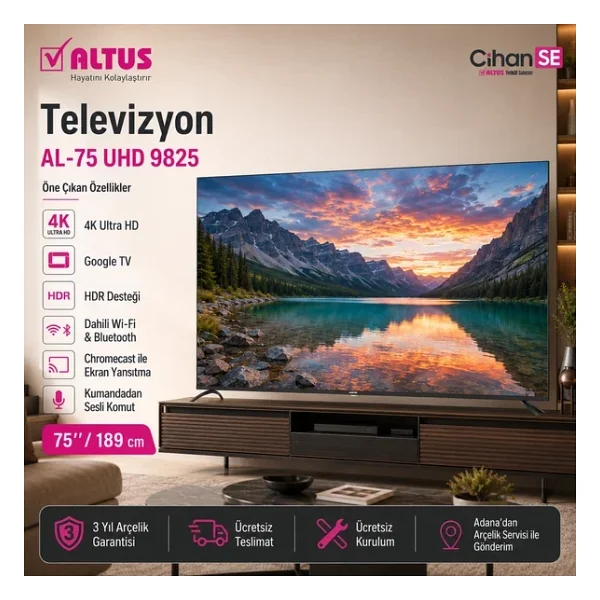 Altus AL75 UHD 9825 4K Ultra HD 75" 190 Ekran Uydu Alıcılı Google Smart LED TV - Görsel 6