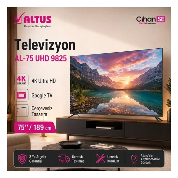 Altus AL75 UHD 9825 4K Ultra HD 75" 190 Ekran Uydu Alıcılı Google Smart LED TV - Görsel 5