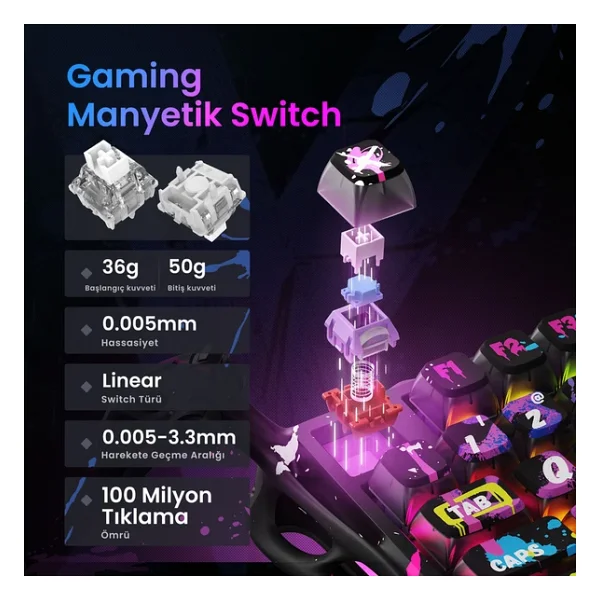Gravastar Mercury V75 Pro Neon Graffiti RGB %75 Tkl Magnetic Switch Kablolu Mekanik Oyuncu Klavyesi - Görsel 4