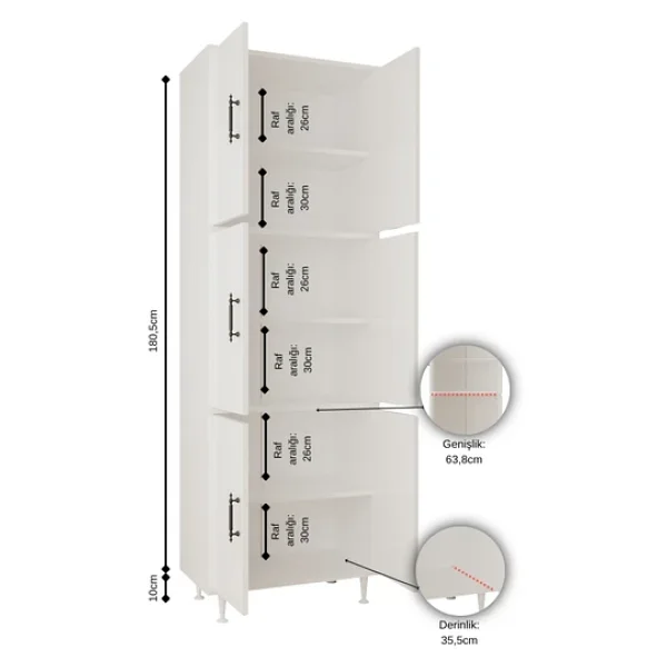 Aeka Ae-3015 Mercan 6 Kapaklı Çok Amaçlı Dolap Raflı Mutfak Kiler Banyo 195x63x35 Çok Amaçlı Dolap - Görsel 4