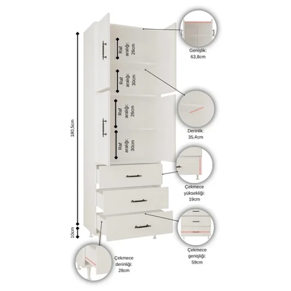 Aeka Ae-3020 Irmak 4 Kapaklı Çok Amaçlı Dolap 3 Çekmeceli Raflı Mutfak Kiler Banyo 195x63x35 Çok Amaçlı Dolap - Görsel 3