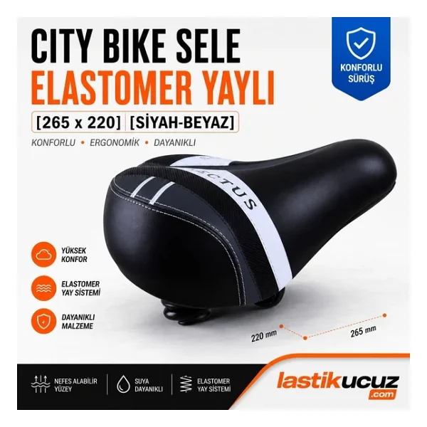 Rectus City Bike Elastomer Yaylı Bisiklet Selesi 265x220 Mm Siyah-Beyaz Ergonomik Konforlu Sele - Görsel 3