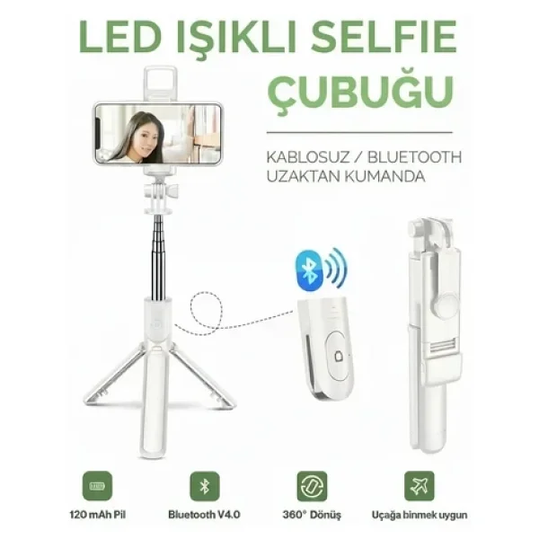 LED Işıklı Selfie Çubuğu Bluetooth Kumandalı Kablosuz Tripot Selfie Monopod Selfie Stick (Beyaz) - Görsel 8