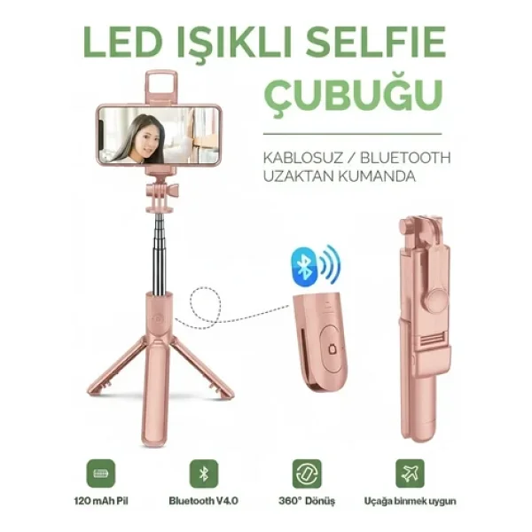LED Işıklı Selfie Çubuğu Bluetooth Kumandalı Kablosuz Tripot Selfie Monopod Selfie Stick (Pembe) - Görsel 8