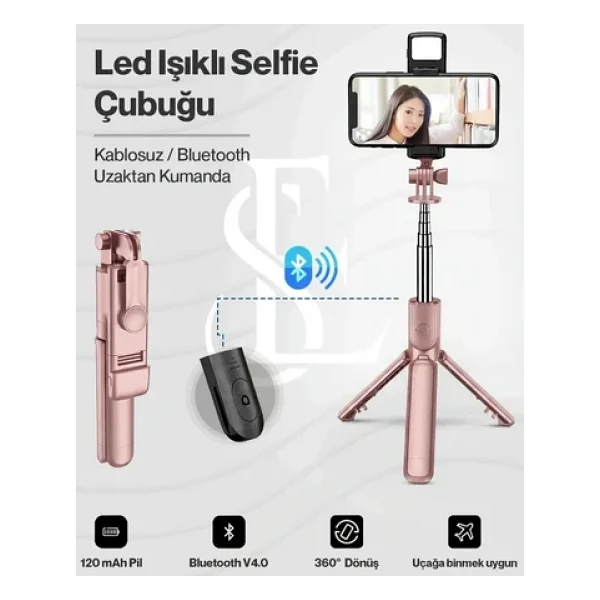 LED Işıklı Selfie Çubuğu Bluetooth Kumandalı Kablosuz Tripot Selfie Monopod Selfie Stick (Pembe) - Görsel 9