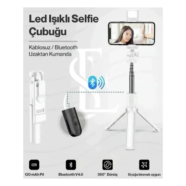 LED Işıklı Selfie Çubuğu Bluetooth Kumandalı Kablosuz Tripot Selfie Monopod Selfie Stick (Beyaz) - Görsel 9