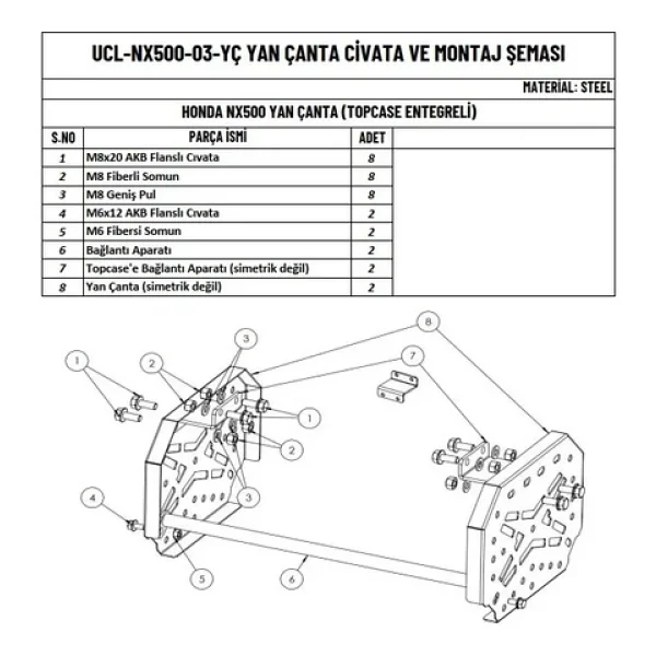 Moto Üçel Honda Nx 500 Uyumlu Topcase Çanta Demiri Entegreli Yan Çanta Demiri - Görsel 3