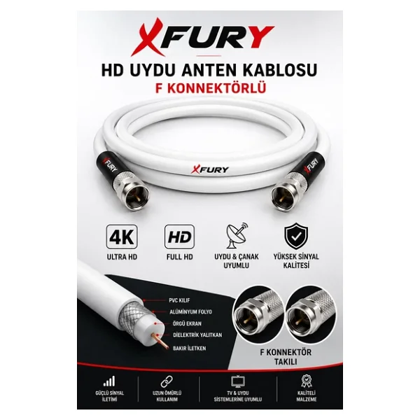 Fury HD Uydu Anten Kablosu 3 Metre F Konnektörlü Full HD 4K TV Kablosu - Görsel 5