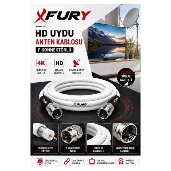 Fury HD Uydu Anten Kablosu 5 Metre F Konnektörlü Full HD 4K TV Kablosu - Görsel 4