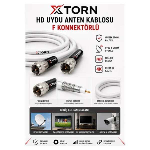 Torn HD Uydu Anten Kablosu 20 Metre F Konnektörlü Full HD 4K TV Kablosu - Görsel 6