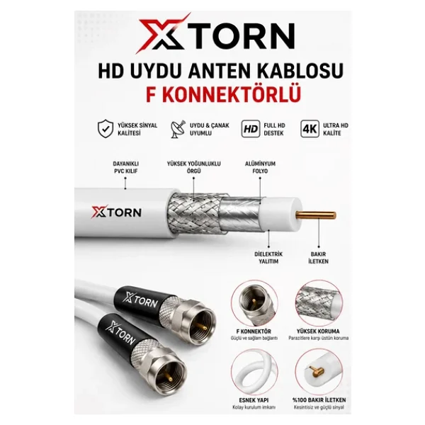 Torn HD Uydu Anten Kablosu 30 Metre F Konnektörlü Full HD 4K TV Kablosu - Görsel 3