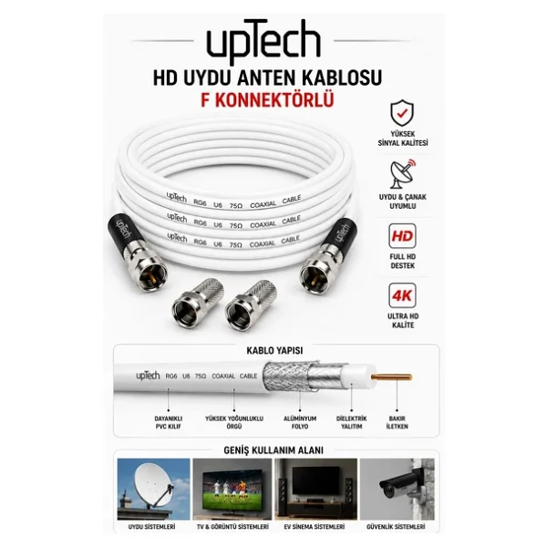 Uptech HD Uydu Anten Kablosu 50 Metre F Konnektörlü Full HD 4K TV Kablosu - Görsel 6
